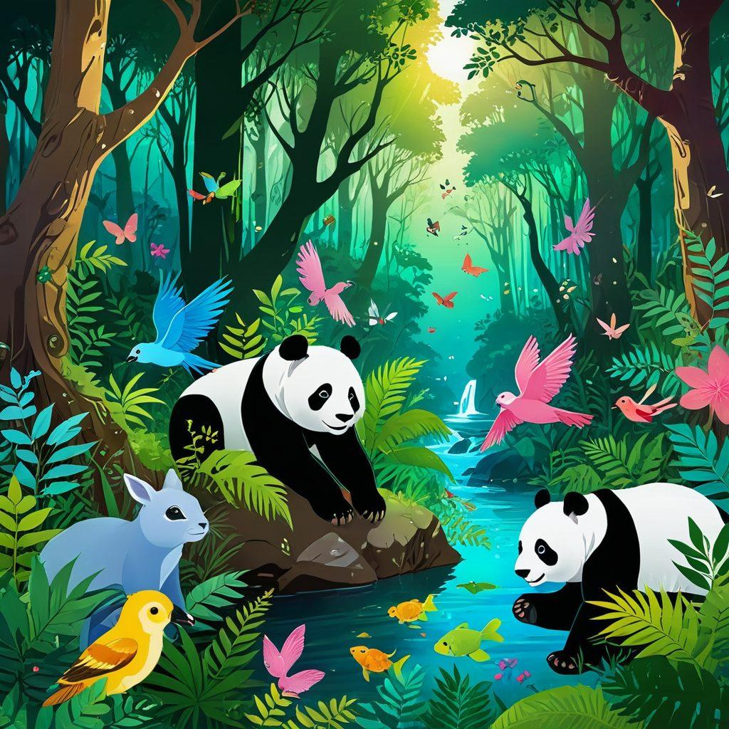 A whimsical illustration blending the vibrant world of hentai culture with elements of wildlife conservation. Feature playful and colorful anime-style characters engaging with various endangered species in a lush, enchanted forest. Incorporate symbols of sustainability, like recycling signs and eco-friendly motifs, seamlessly into the background. The characters should have exaggerated expressions of joy and amazement as they interact with these animals. vivid colors. anime style. magical realism.
