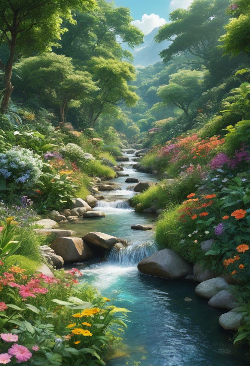 A captivating fusion of lush green landscapes and sensual art, featuring playful hentai-inspired characters intertwined with nature. Include elements like blooming flowers, flowing streams, and vibrant wildlife, all portrayed in an expressive, dynamic style. The characters should embody themes of sustainability, celebrating the harmony between eroticism and environmental advocacy. Bright colors and whimsical designs to enhance the overall atmosphere. super-realistic. vibrant colors. 3D.